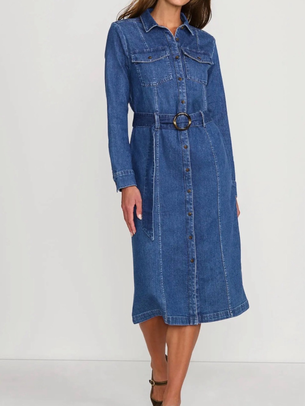 Lands' End Midi Long-Sleeve Denim Shirt Dress with Belt
